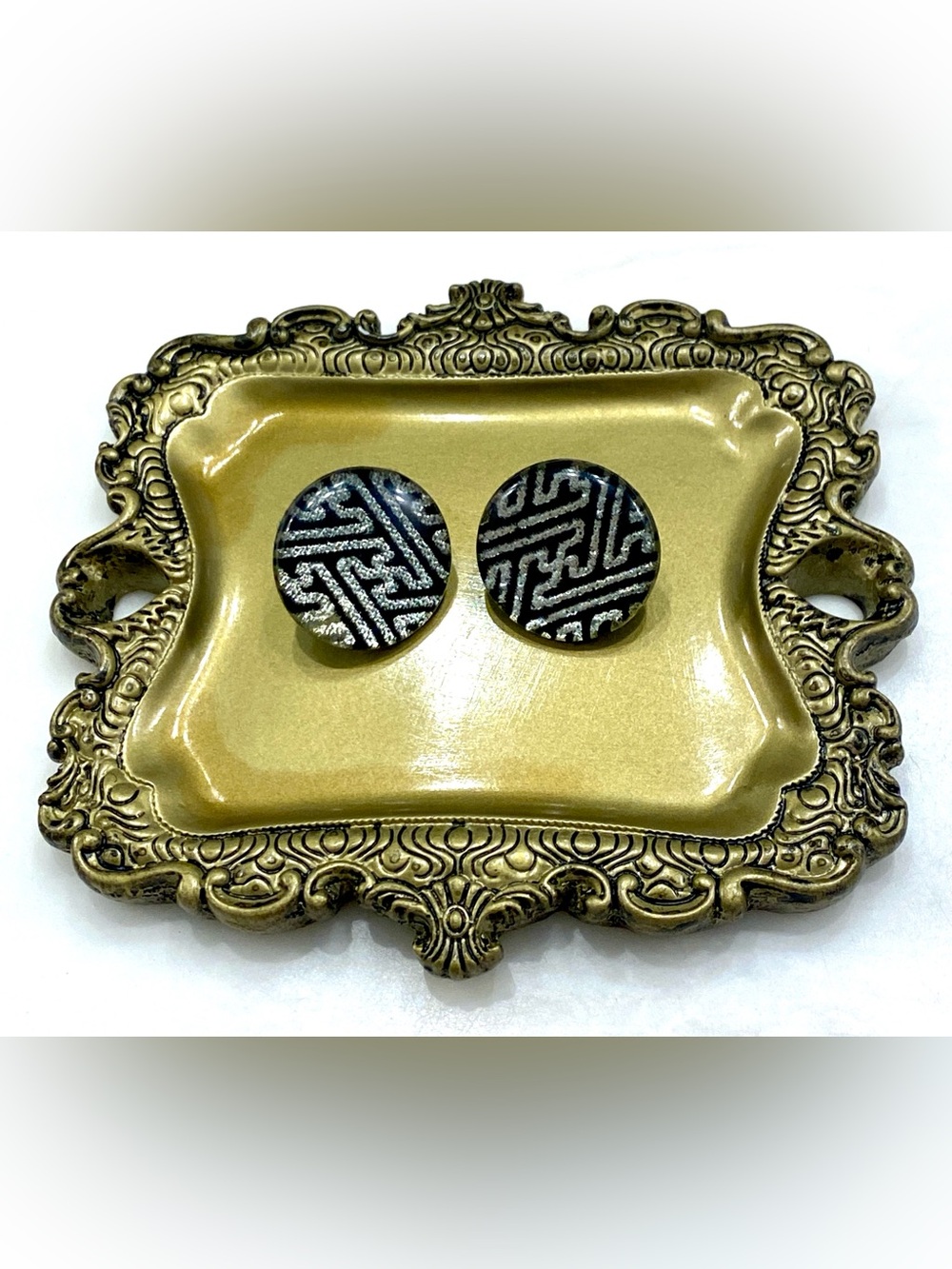 Vintage Art Deco Black Silver Geometric Maze Button Earrings Round Glitter Resin